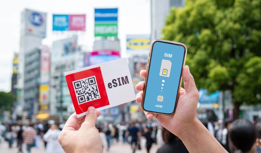Unlimited data eSIM setup on smartphone for remote work in Japan
